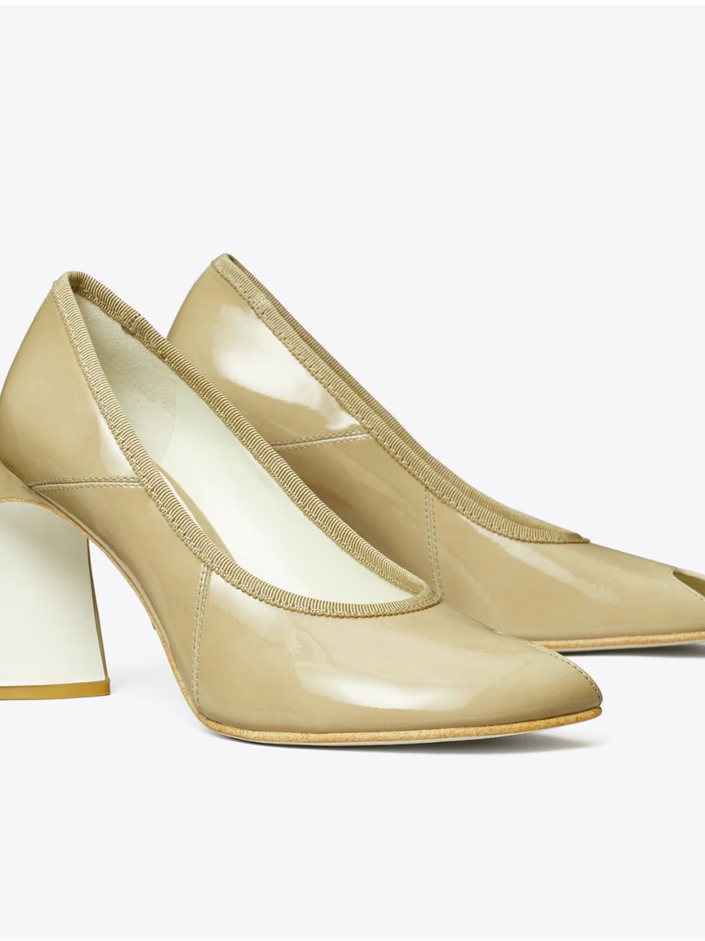 Nib Tory Burch Peep Toe Patent Palo Santo Block Heel Pumps Beige Size 7.5